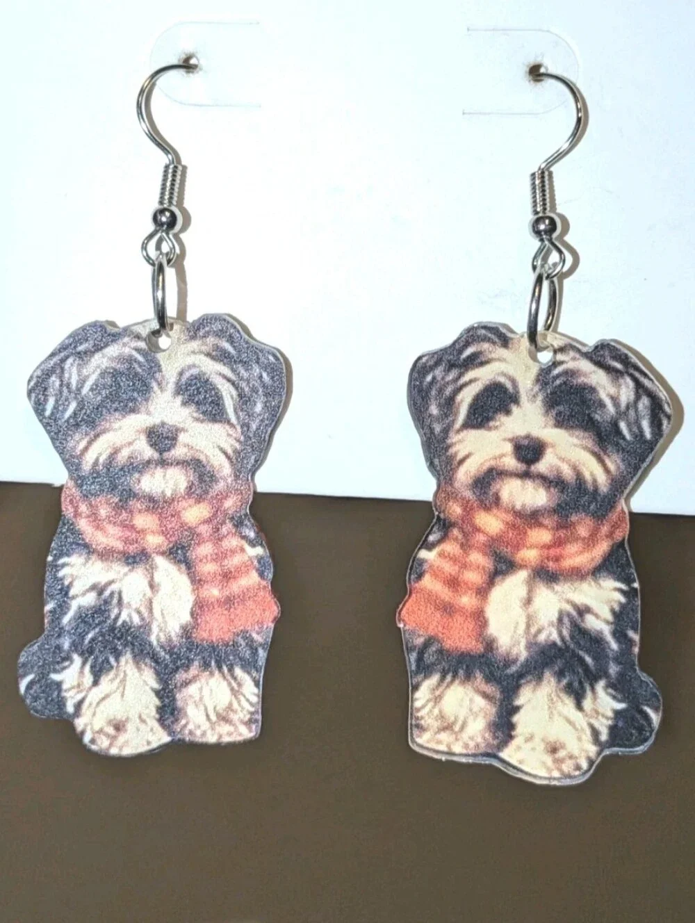 Hand Crafted Black, Cream and Orange Dog Scarf Drop Earrings